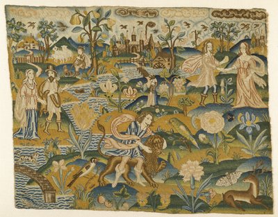 Embroidered picture: Man with a Lion in a Landscape with two Couples, 2nd half of the 17th century by English School